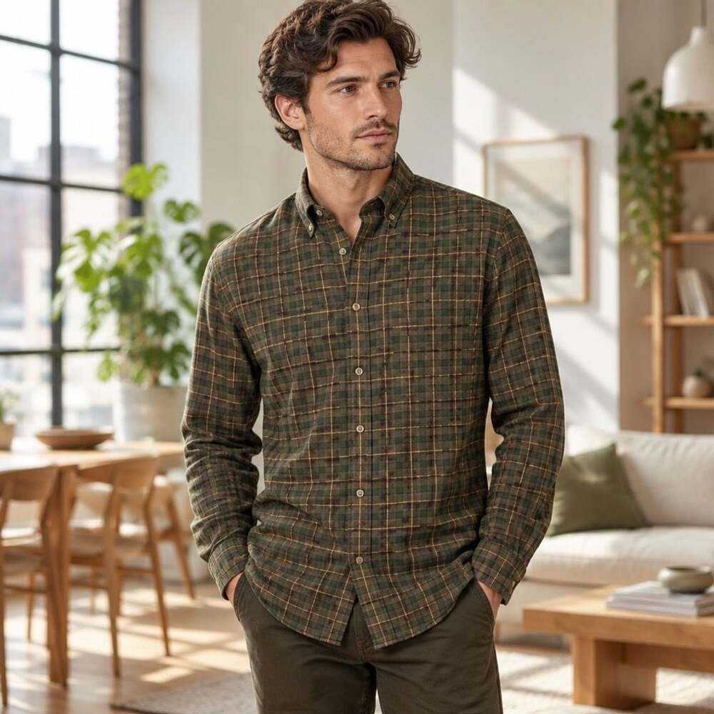 L.L. Bean Plaid Long Sleeve Shirt Size M-REG Green Cotton